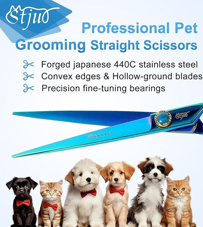 Stjuo 7.5'' Dog Straight Scissors for Grooming 440C Stainless Steel Green Professional Pet Trimming Scissors Sharp Blades Cutting for Dogs and Cats Shears
