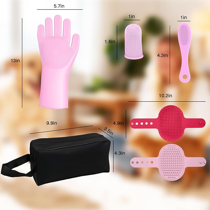 7-Piece Pet Grooming Kit with Storage Bag | Portable Bathing Set for Dogs & Cats | Includes Silicone Gloves, Deshedding Brushes & Finger Toothbrushes | All-in-One Pet Care (Pink)