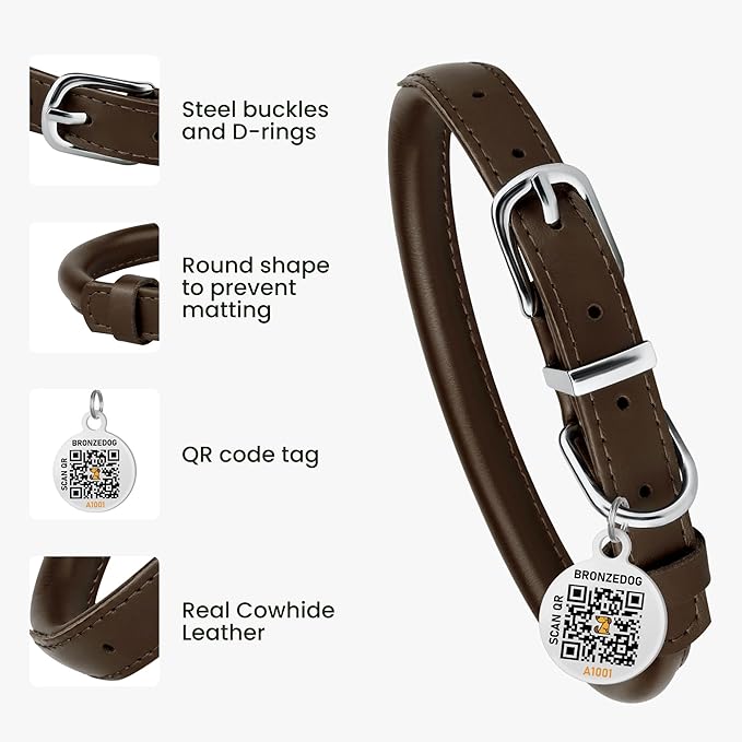 BRONZEDOG Rolled Leather Dog Collar for Small Medium Large Dogs with QR ID Tag (L: 16-18 Inch, Coffee Brown)