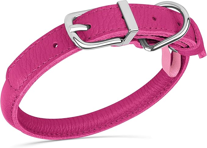 OOPSDOGGY Rolled Leather Dog Collar Soft Roll Collars for Small Medium Large Dogs Puppy (Pink, L, 14"-18")