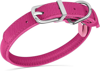 OOPSDOGGY Rolled Leather Dog Collar Soft Roll Collars for Small Medium Large Dogs Puppy (Pink, L, 14"-18")