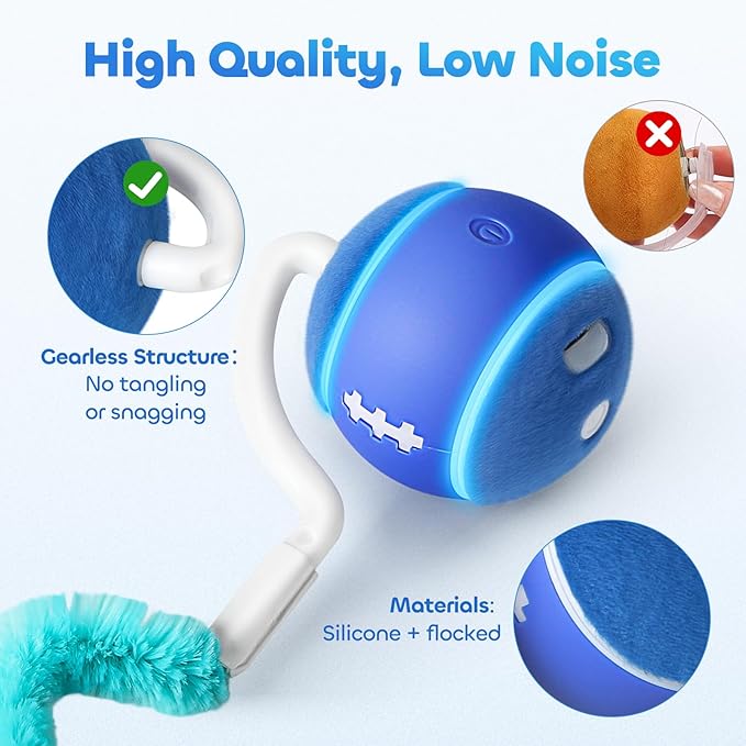 ddxcoo Automatic Interactive Cat Toy Ball for Indoor Cats, Carpet-Safe with Tangle-Free Tail, 3-Mode Touch Activated, Gen 3 High-Capacity 800mAh Battery (6-8H Play), Includes 2 Tails