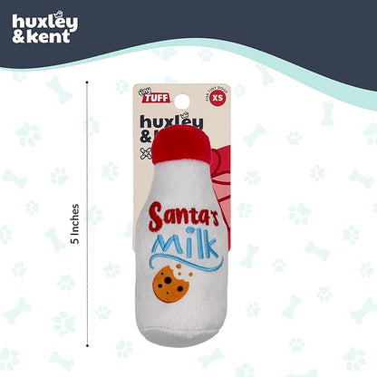 Huxley & Kent Funny Dog Toy w/Squeaker – Holiday Power Plush Squeaky Dog Toys for Small Dogs – Durable Small Stuffed Animal for Indoor Play & Fetch - Tiny Tuff Santa's Milk