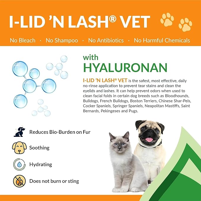 I-LID ’N LASH Vet Dog Eye Wipes - Best Tear Stain Preventer for Dogs (60 Wipes) | Prevents Puppy Tear Stains with Hyaluronan | Cat Eye Wipes for Discharge - No Antibiotics or Harmful Chemicals