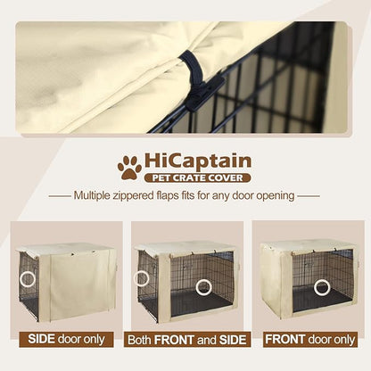 HiCaptain Dog Crate Cover 54.0" L x 37.0" W x 45.0" H with Breathable Mesh, Durable Heavy Duty Kennel Cover, Dual Zippered Panels, Windproof Waterproof UV-Resistant(Beige)