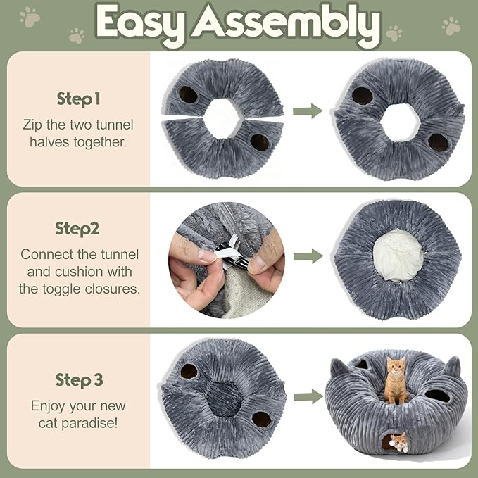OurWarm Cat Tunnel Bed for Indoor Cats - Round Cat Tunnel Bed with Removable and Washable Circle Cushion, Donut Cats Play Tunnels, Kitten Toys with Ear Sounds for Kitten/Puppy/Rabbit, Grey