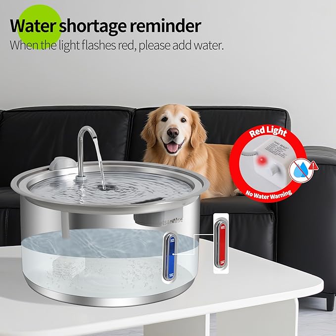 Petsamuse Dog Water Fountain, 11L/2.8Gal Quiet Dog Fountain Water Bowl with Visible Window Stainless Steel Dog Water Fountain with 2 Spray Modes and 15 Fliters for Large Medium Small Dogs Pets