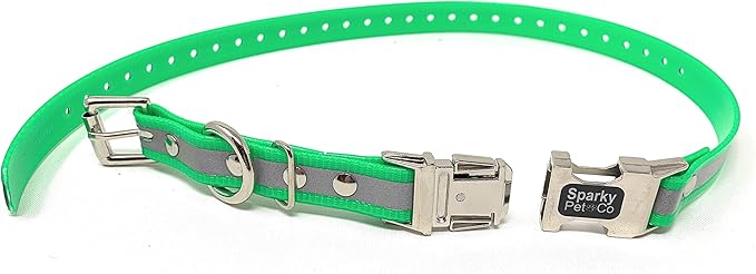 Sparky Pet Co - Apollo ECollar Replacement Strap - Dog Collar - Waterproof Biothane - Adjustable - Double Buckle - Quick Snap Metal Clasp - for Invisible Fence Systems - 3/4" x 28" (Reflective Green)