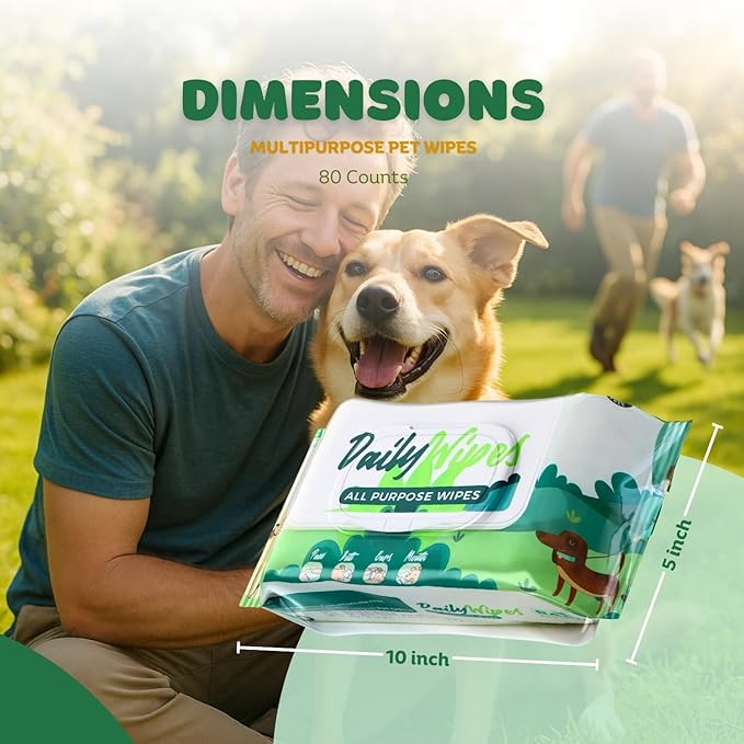 BASIL Pet Grooming Multi-Purpose Wipes for Dogs, Cats & Puppies – 80 Large Wipes (8″ × 8″) | Aloe Vera, Vitamin E & Castor Oil | Paw, Ear, Mouth & Butt Cleaning Wipes | Lemon Scent, Paraben-Free