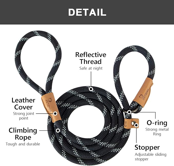 5 FT Slip Lead Dog Leash, Heavy Duty Rope Leash for Small Medium Large Dogs, No Pull Training Lead with Reflective Thread, Strong Comfortable Loop Leash (Black Stripe, Large(1/2"))