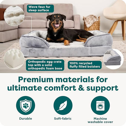 Furhaven Orthopedic Dog Bed for Large Dogs w/ Removable Bolsters & Washable Cover, For Dogs Up to 95 lbs - Plush & Velvet Waves Perfect Comfort Sofa - Granite Gray, Jumbo/XL