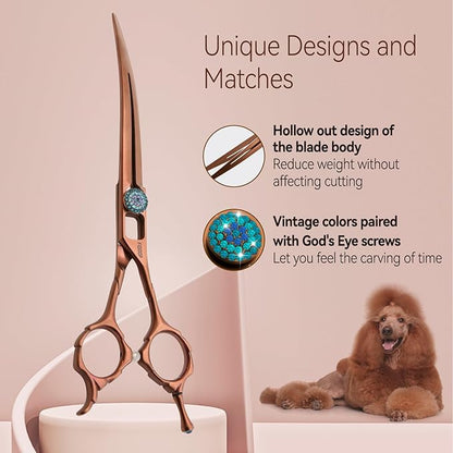 Curved Dog Grooming Scissors 7'' Downward 30° Professional Pet Grooming Trimming Shears for Dogs Suzhi Teddy High Cobalt Alloy Steel for Right Handed Groomers (7, Chocolate Curve)