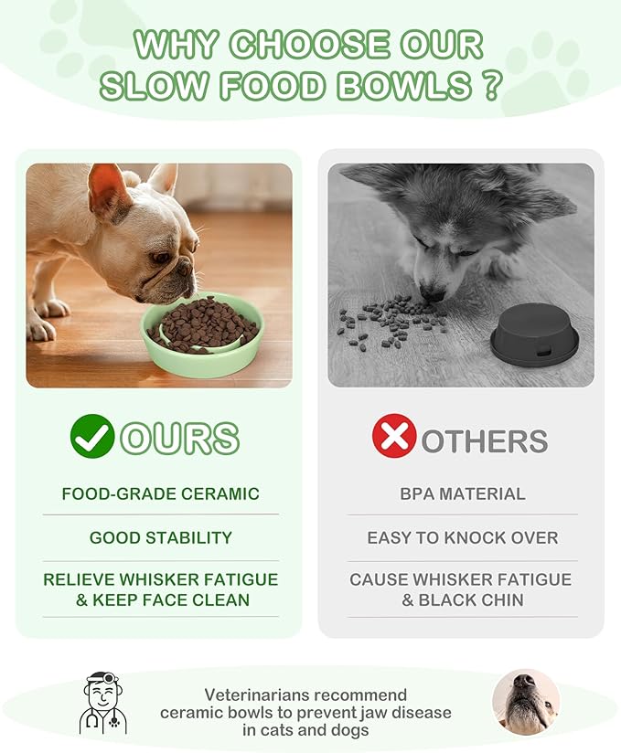 TRUVIC Ceramic Slow Feeder Dog Bowls Small Breed, 0.6 Cup Slow Feeder Cat Bowls for Fast Eaters, Ceramic Dog Food Dish no Black Chin, Puzzle Bowl for Small Dogs and Cats, Green