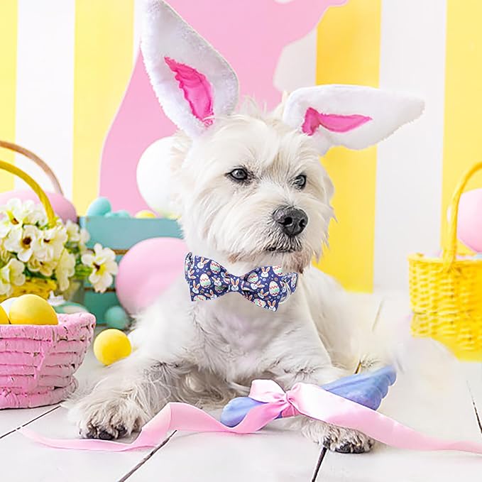 Easter Dog Collar with Bow Tie- Adjustable Easter Bunny Eggs Dog Collar Cute Rabbit Bowtie Metal Buckle Puppy Collars for Small Medium Large Dogs XL