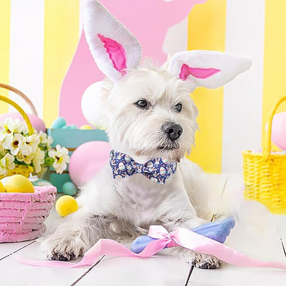Easter Dog Collar with Bow Tie- Adjustable Easter Bunny Eggs Dog Collar Cute Rabbit Bowtie Metal Buckle Puppy Collars for Small Medium Large Dogs XL