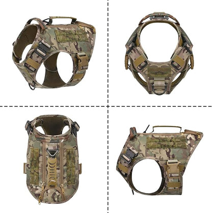 Tactical Dog Backpack Harness for Large Breed Original Design Metal Buckle Vest with Side Bags Pouches for Service Working Training (Camouflage (Vest only), XL)