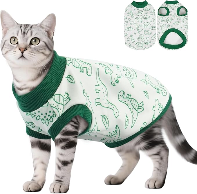 DENTRUN Sleeveless Cat Vest with Dinosaur Print, Breathable Ultra-Soft Dralon Fleece Cat Sweater, All-Season Pet Costume Apparel for Cats, Kitten Clothing for Indoor/Outdoor, Green, L
