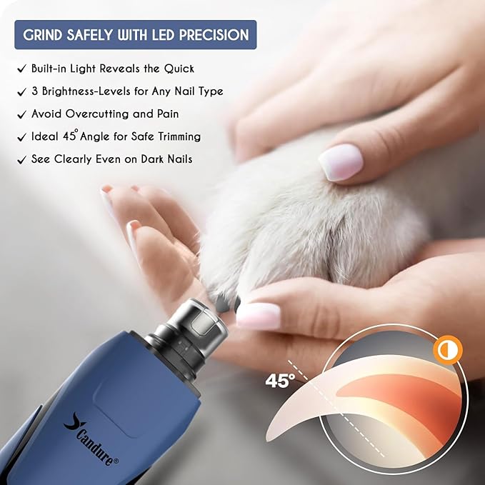 Candure Dog Nail Grinder Upto 6-Speed Dog Nail Trimmer for Large, Medium, Small Dogs, Cats & Pets - Low Noise Rechargeable Dog Claw Grinder with 360° LED Lights & Extra Grinder Head