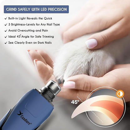 Candure Dog Nail Grinder Upto 6-Speed Dog Nail Trimmer for Large, Medium, Small Dogs, Cats & Pets - Low Noise Rechargeable Dog Claw Grinder with 360° LED Lights & Extra Grinder Head