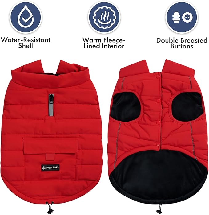 Spark Paws Dog Winter Jacket, Water-Resistant Coat, Warm Reflective Windproof Fleece-Interior, for Medium and Large Dogs - Red - M