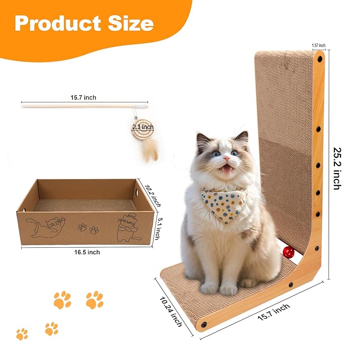 Goosheep L-Shaped Cat Scratcher 2-in1 Scratching Board for Indoor Cats Protecting Furniture Cardboard Box Scratch Pad with Ball Toy Cats Scratching Posts with Cat Teaser