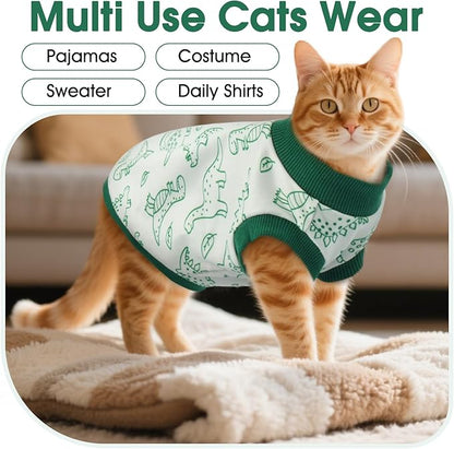 DENTRUN Sleeveless Cat Vest with Dinosaur Print, Breathable Ultra-Soft Dralon Fleece Cat Sweater, All-Season Pet Costume Apparel for Cats, Kitten Clothing for Indoor/Outdoor, Green, XL