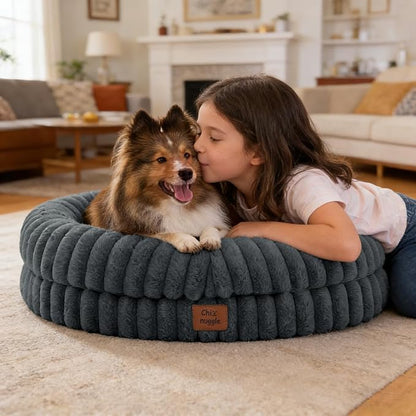 ChiXnuggle Dog Bed Medium Sized Dog - Luxury Striped Faux Fur Waterproof Pet Couch with Removable Washable Cover, Orthopedic Pet Bed with Bolster Sides for Sleeping, Dark Grey
