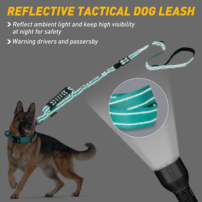 AUBELL Tactical Dog Leash Heavy Duty,4-6ft Reflective Strong No Pull Bungee Leash for Medium Large Dogs with Comfortable Padded Double Handle,Car Seat Belt,360 Degree Rotating Carabiner,Teal