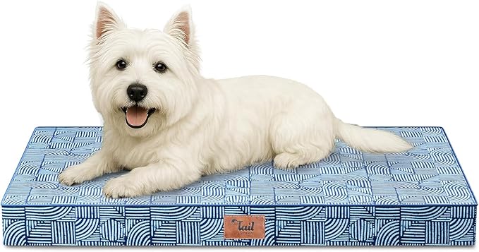 Tail Stories Outdoor Dog Bed for Small Dogs & Cats, Waterproof Dog Crate Mat Orthopedic Egg Crate Foam with Washable Removable Oxford Cover, White Blue