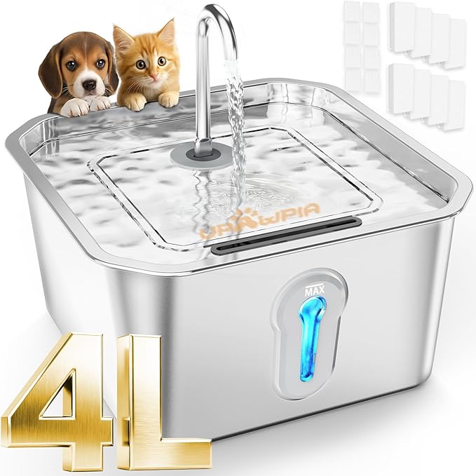 UPAWPIA 4L/135oz Large Cat Water Fountain Stainless Steel with 8 Filters Pet Water Fountain for Cats Quiet Indoor Pets Dog Small Animal Automatic Dog Water Dispenser for Drinking Watering Supplies