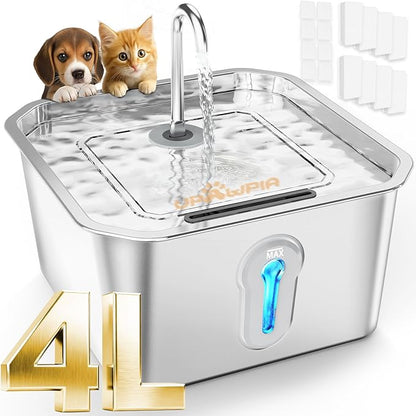 UPAWPIA 4L/135oz Large Cat Water Fountain Stainless Steel with 8 Filters Pet Water Fountain for Cats Quiet Indoor Pets Dog Small Animal Automatic Dog Water Dispenser for Drinking Watering Supplies