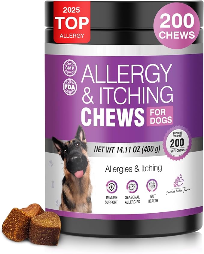 Dog Allergy Chews 200ct - Dog Allergy and Itching Skin Relief Anti Itch Aller Immune Bites for Dogs licking Paws Treatment Relief Itchy Chew Probiotics Vitamins for Skin and Coat - Peanut Butter