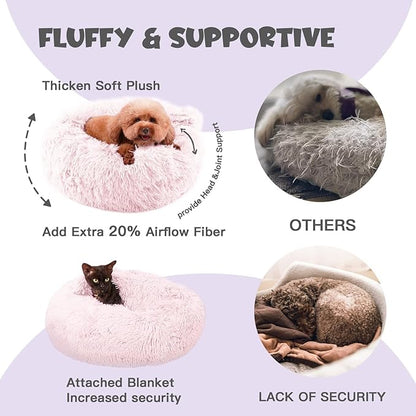 Himax Dog Bed for Medium Dogs, Pink Dogs Beds with Blanket Attached, Calming Anti-Anxiety Fluffy Dog Bed Washable (20"/26"/35")