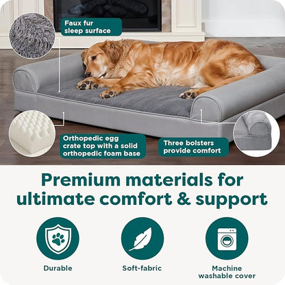Furhaven Orthopedic Dog Bed for Large Dogs w/ Removable Bolsters & Washable Cover, For Dogs Up to 95 lbs - Plush & Suede Sofa - Gray, Jumbo/XL