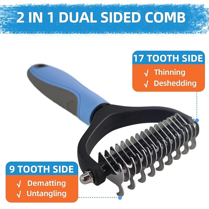 KUEIOX Dog Brush for Shedding,9 PCS in One Pet Slicker Hair Brush Kit with Pet Nail Clipper and File - Dog Cat Grooming Deshedding Undercoat Rake Brush Comb for All Small Large Dogs Cats Blue
