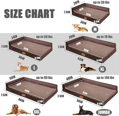 Patas Lague Orthopedic XL Dog Bed Large Sized Dog 48''X30'', Waterproof L Bolster Big Large Pet Sofa Beds with Removable Washable Cover, Soft Comfortable Pet Couch Crate Mat with Nonskid Bottom, Brown