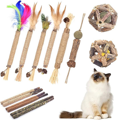 TINDTOP Cat Chew Toys, 12 Pack Silvervine Chew Sticks with 2 Pack Cage Balls for Kittens Teeth Cleaning, Matatabi Dental Care, Increase Appetite, Aggressive Chewers Cat Dental Toy
