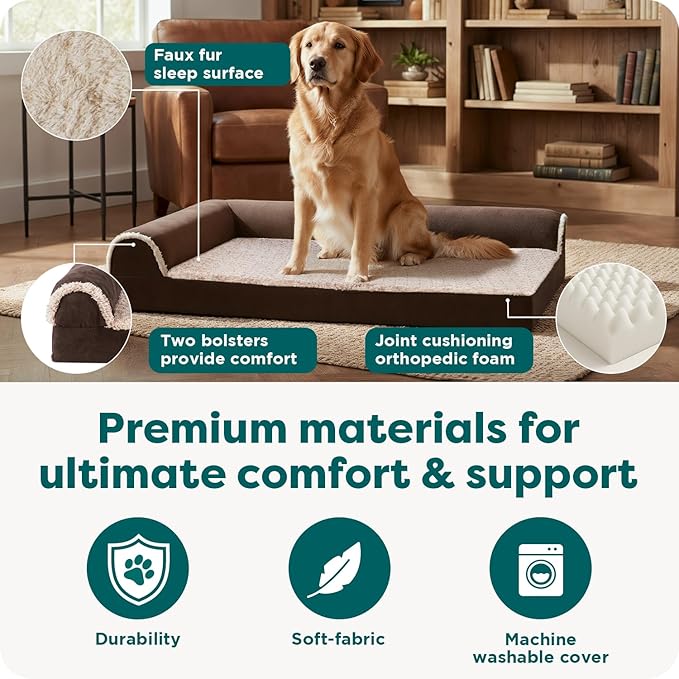 FurHaven Orthopedic Dog Bed for Large Dogs, L-Shaped Chaise Mattress with Orthopedic Egg Crate with a Solid Orthopedic Foam Base for Joint Support, Washable Cover, Jumbo XL, Faux Fur & Suede, Espresso