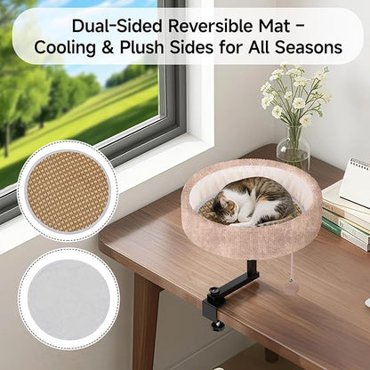 Chumajor Cat Desk Bed - 360° Rotating & Adjustable, Supports 44 lbs, Soft Faux Fur with Dual-Sided Reversible Mat, Modern Indoor Cat Nest Furniture for Office Desks and Game Tables, Island Table