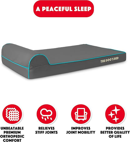 The Dog’s Bed Orthopedic Headrest Dog Bed Large Grey with Blue Trim, Memory Foam, Pain Relief for Arthritis, Hip & Elbow Dysplasia, Post Surgery, Waterproof Washable Cover, Veterinary Approved
