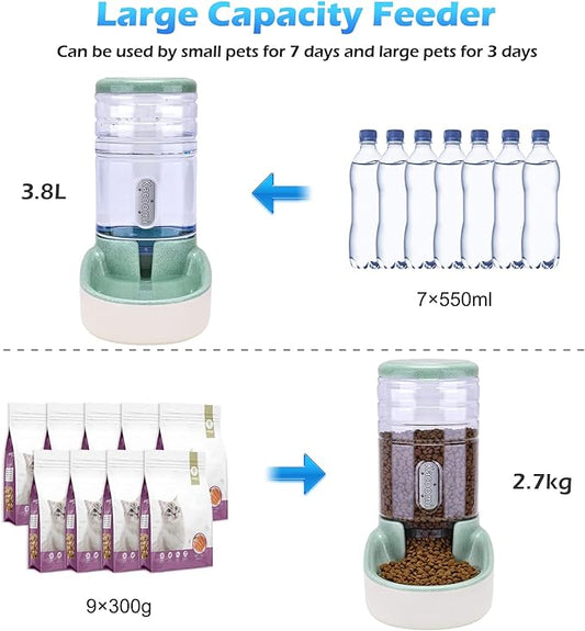 Kacoomi Automatic Dog Cat Feeder and Water Dispenser Gravity Food Feeder and Waterer Set with Pet Food Bowl for Small Medium Dog Puppy Kitten, Large Capacity 1 Gallon x 2