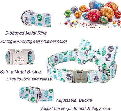 Easter Dog Collar with Bow Tie - Adjustable Easter Eggs Dog Collar Classic Bowtie Metal Buckle Puppy Collars for Small Medium Large Dogs S