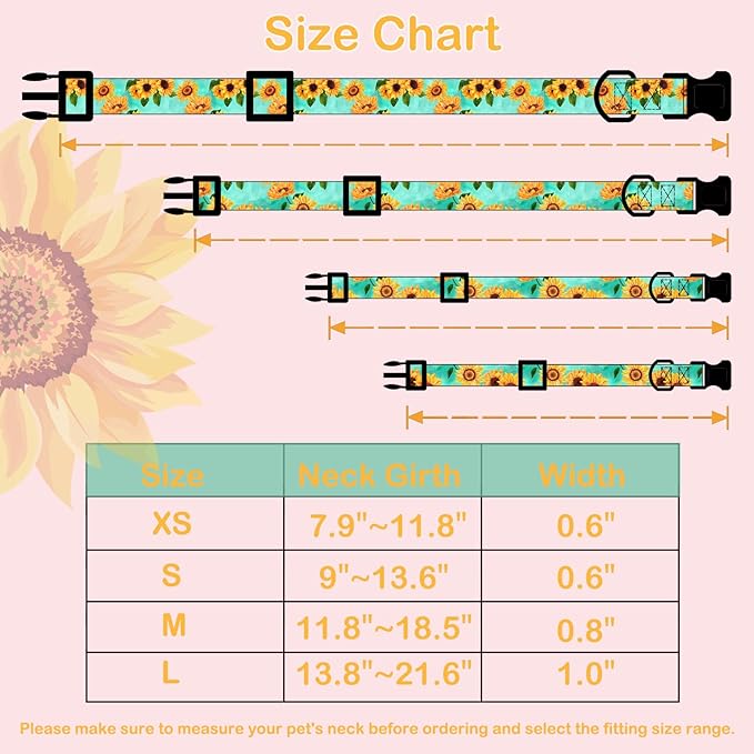 Faygarsle Dog Collar for Small Medium Large Dogs Cute Light Green Puppy Collars for Female Dogs Sunflower Patterned Pet Collars for Summer Spring Wedding Puppy Girl Dog Collar L