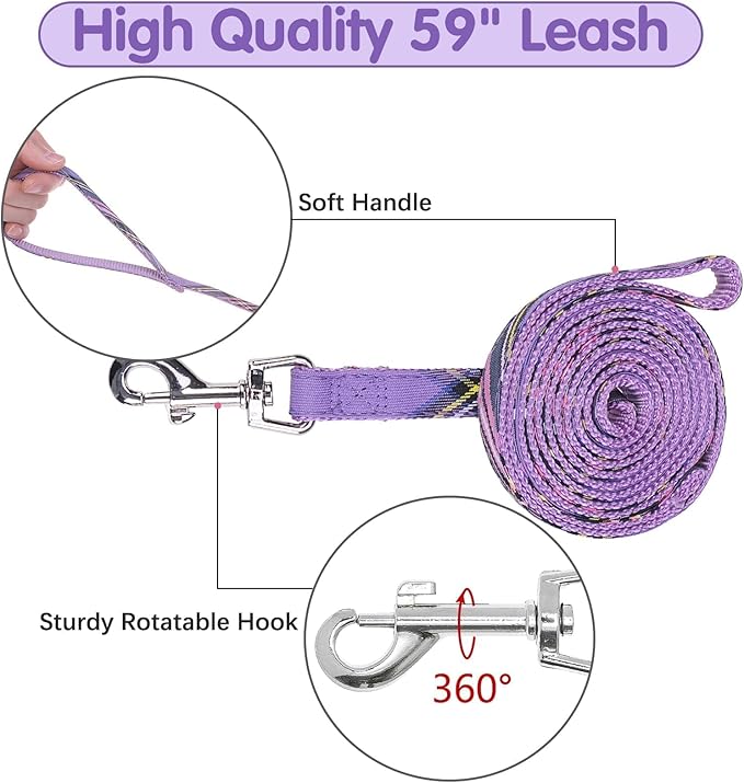 BINGPET Dog Harness Collar Leash Set,Adjustable No Pull Escape Proof Small Dog Harness,Classic Plaid Puppy Harness and Leash Set for Small Medium Large Dogs Training Easy Walk Running(Purple,S)