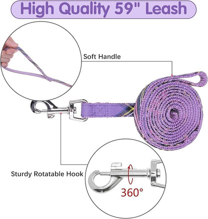 BINGPET Dog Harness Collar Leash Set,Adjustable No Pull Escape Proof Small Dog Harness,Classic Plaid Puppy Harness and Leash Set for Small Medium Large Dogs Training Easy Walk Running(Purple,M)