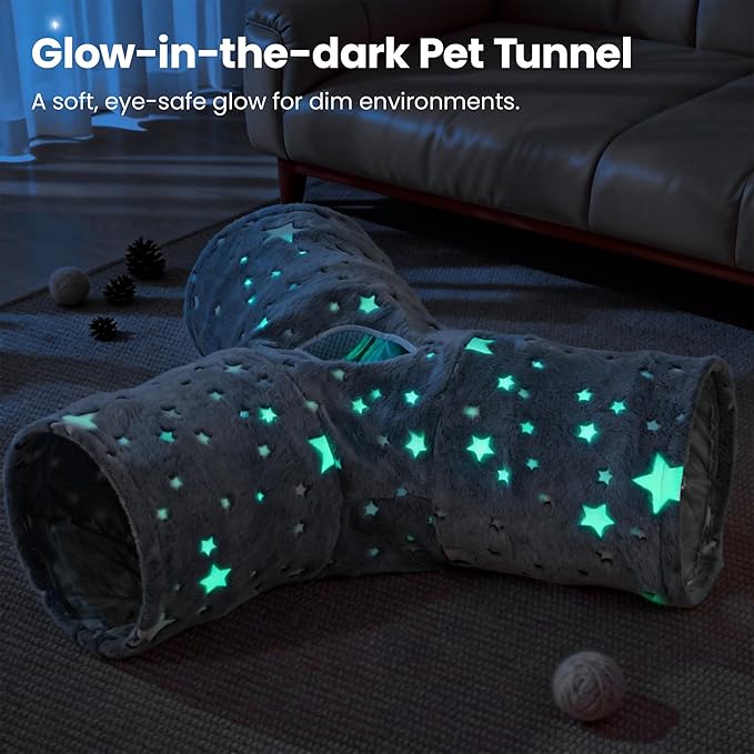 Tempcore 3-Way Collapsible Cat Tunnel Toy with Self-Luminous Tube & Peek Hole Ball - Photoluminescence Play Tunnel for Indoor Cats, Kittens, Kitty, Puppy, Rabbit - Boredom Relief Pet Toy