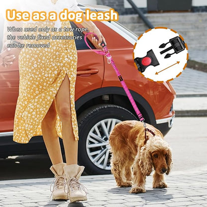 Removable Dog Seat Belt Harness for Car, 3 in 1 Pet Dog Car Seatbelt Leash, Retractable Restraint Secures to Vehicle Headrest & Adjustable Reflective Bungee Dog Seatbelt Tether, Rose