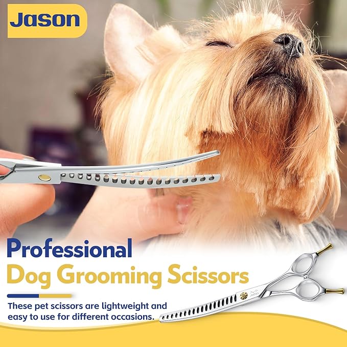 JASON Dog Scissors for Grooming - 7" Up-curved Chunker Shears with 65%-70% Thinning Rate, Professional Japanese 440C Stainless Steel Dog Grooming Chunkers with Adjustable Screw (18 Teeth, Silver) Gift