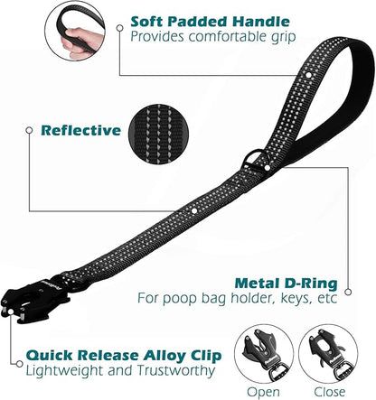 PetBonus Heavy Duty Short Dog Leash, 24 Inch Nylon Traffic Leash with Quick Release Clip, Comfortable Padded Handle, Reflective Training Lead for Medium Large Dogs (Black, 24")
