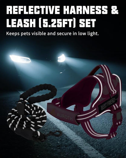 AUROTH Dog Harness and Leash Set, Soft Padded Service Dog Vest with 5.25FT Dog Leash, No Choke, Easy On Pet Vest, Adjustable Reflective No Pull Pet Vest Medium Sized Dog, Easy Walking and Training
